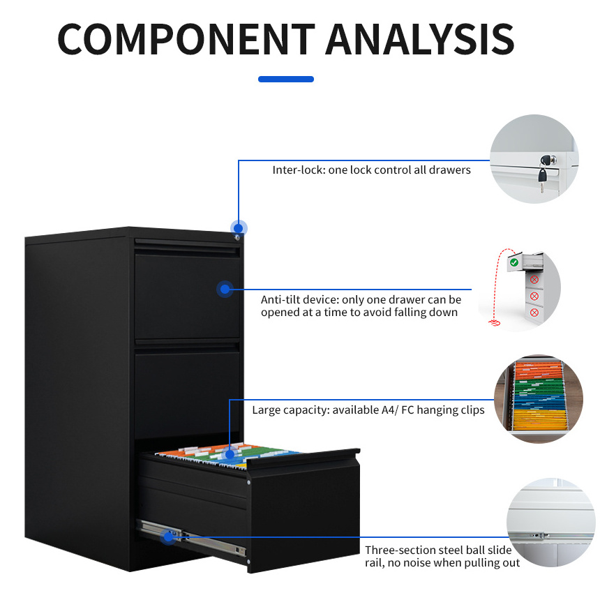 Large Capacity Black Metal Filing Cabinet with 3 Drawers Office Furniture Steel Storage Unit