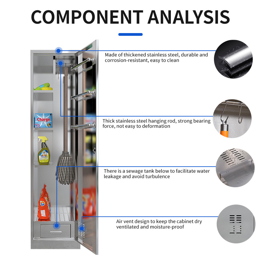 Single Door Stainless Steel Cabinet Bathroom storage cabinet Cleaning Room Tool and Broom Storage