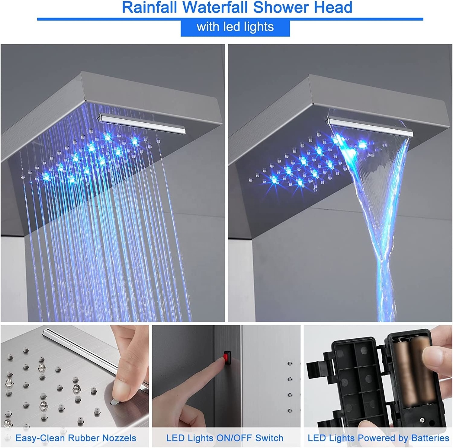 CYEN luxury design thermostatic LED rain shower head multi-function stainless steel wall mounted rain shower bathroom shower