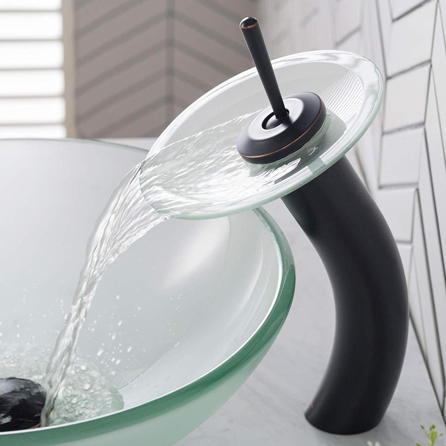 CYEN Matt Black Frosted Glass Disk Single Lever Vessel Glass Waterfall Bathroom Faucet Robinet Cascade Basin Mixer Tap