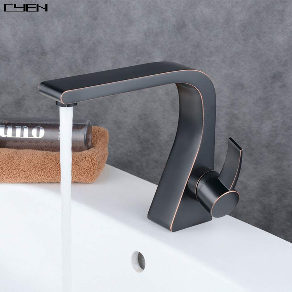 CYEN Modern Fancy Design Brass Body Hot Cold Water Mixer Bathroom Basin Faucet in Matte Black