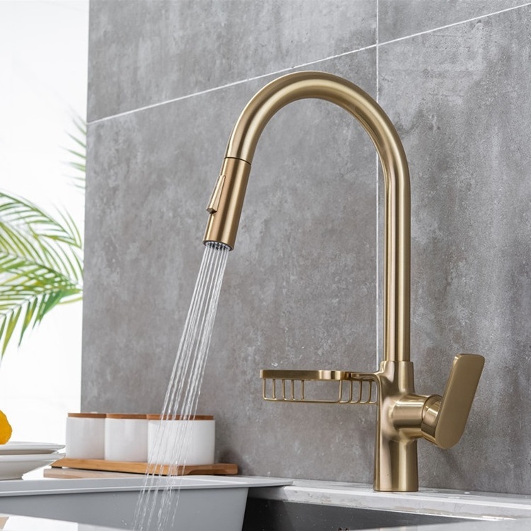 CYEN 2024 Factory Price Brass Body Multi-functional Pull-Out Sprayer Kitchen Faucet With Soap Dispenser In Brushed Golden