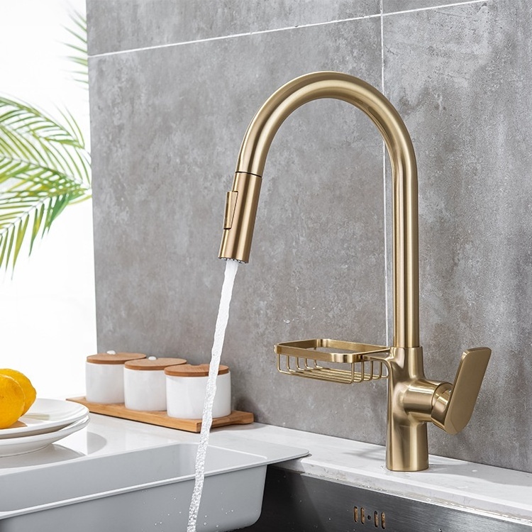 CYEN 2024 Factory Price Brass Body Multi-functional Pull-Out Sprayer Kitchen Faucet With Soap Dispenser In Brushed Golden