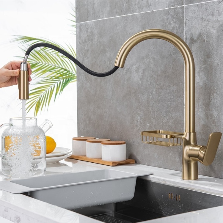 CYEN 2024 Factory Price Brass Body Multi-functional Pull-Out Sprayer Kitchen Faucet With Soap Dispenser In Brushed Golden