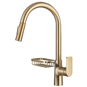 CYEN 2024 Factory Price Brass Body Multi-functional Pull-Out Sprayer Kitchen Faucet With Soap Dispenser In Brushed Golden