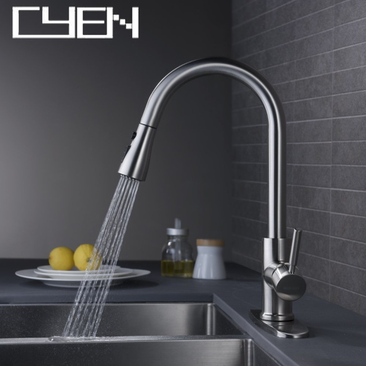 CYEN Single Handle High Arc Brushed Nickel Pull Out Sprayer Kitchen Faucet Single Level Stainless Steel Kitchen Sink Faucets