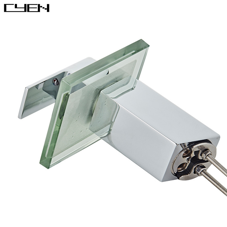 CYEN NEW Arrival Creative Glass Square Waterfall Sink Faucet Hot and Cold Water Color LED Lighting Bathroom Faucet