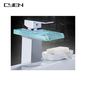 CYEN NEW Arrival Creative Glass Square Waterfall Sink Faucet Hot and Cold Water Color LED Lighting Bathroom Faucet