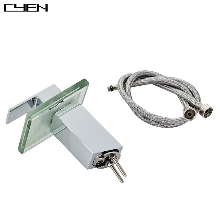 CYEN NEW Arrival Creative Glass Square Waterfall Sink Faucet Hot and Cold Water Color LED Lighting Bathroom Faucet