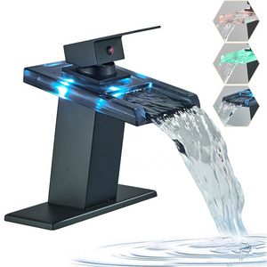 CYEN high quality temperature control LED light glass spout matte black single handle faucet LED bathroom waterfall basin faucet