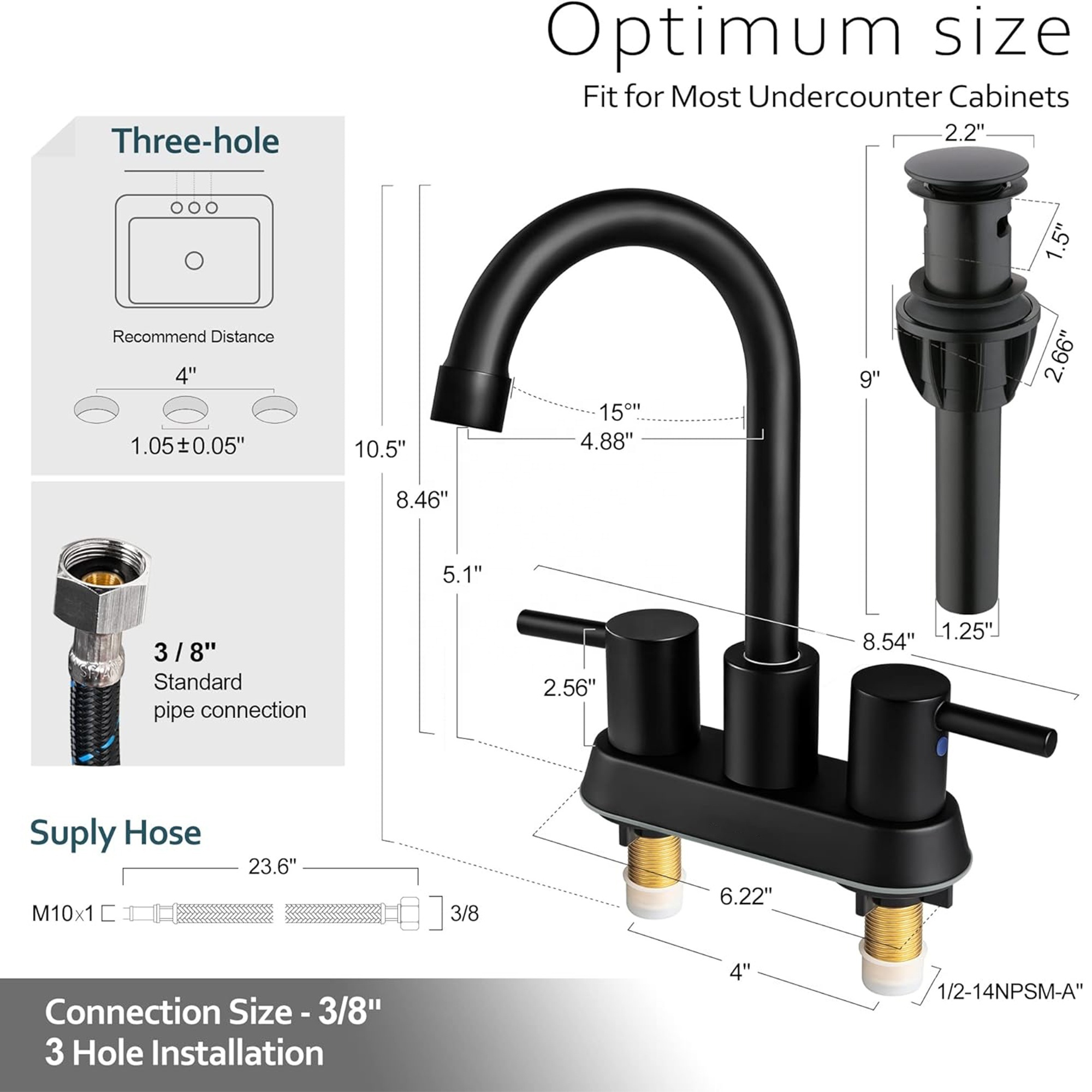 CYEN high quality easy installation 360 swivel 4 inch spout matte black 3 hole 2 handles faucet bathroom basin sink faucet