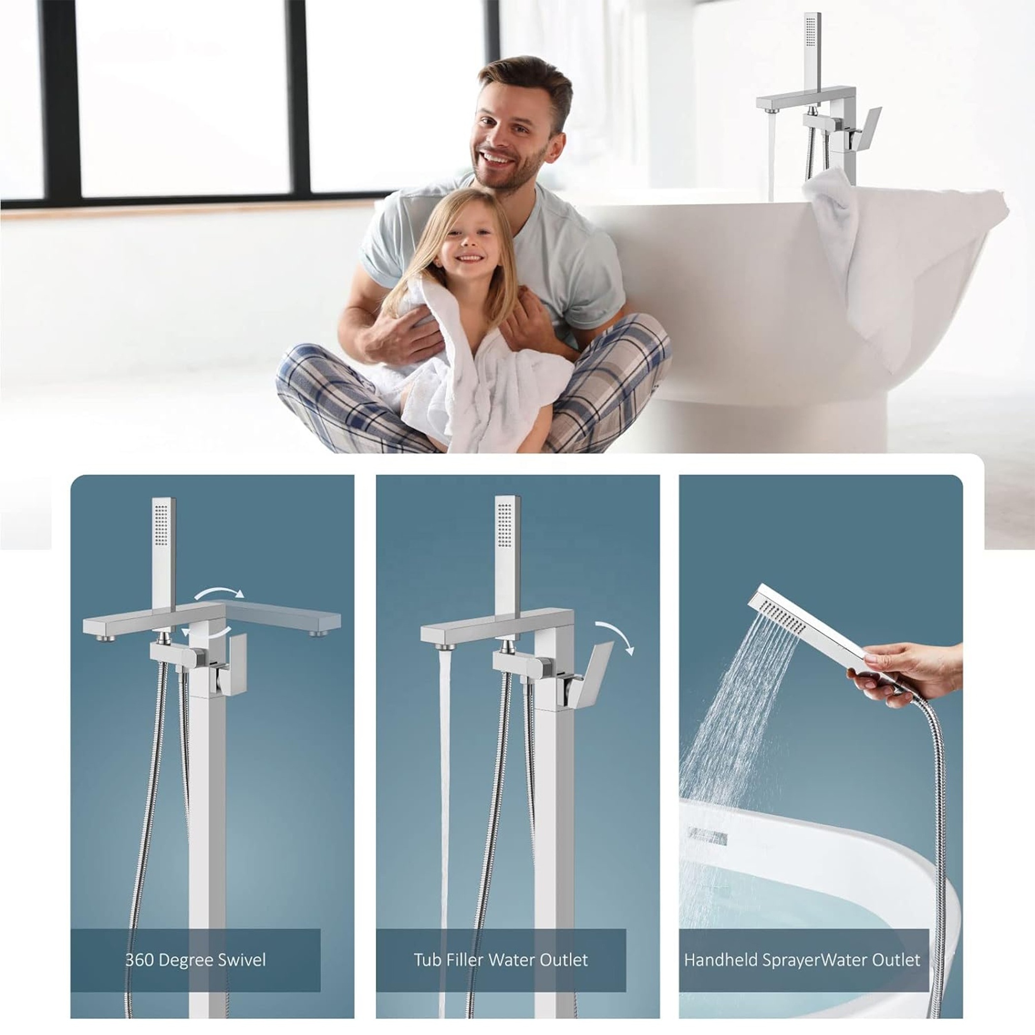 CYEN modern style rust-resistant floor mount single handle right angle spout chrome freestanding bathtub faucet