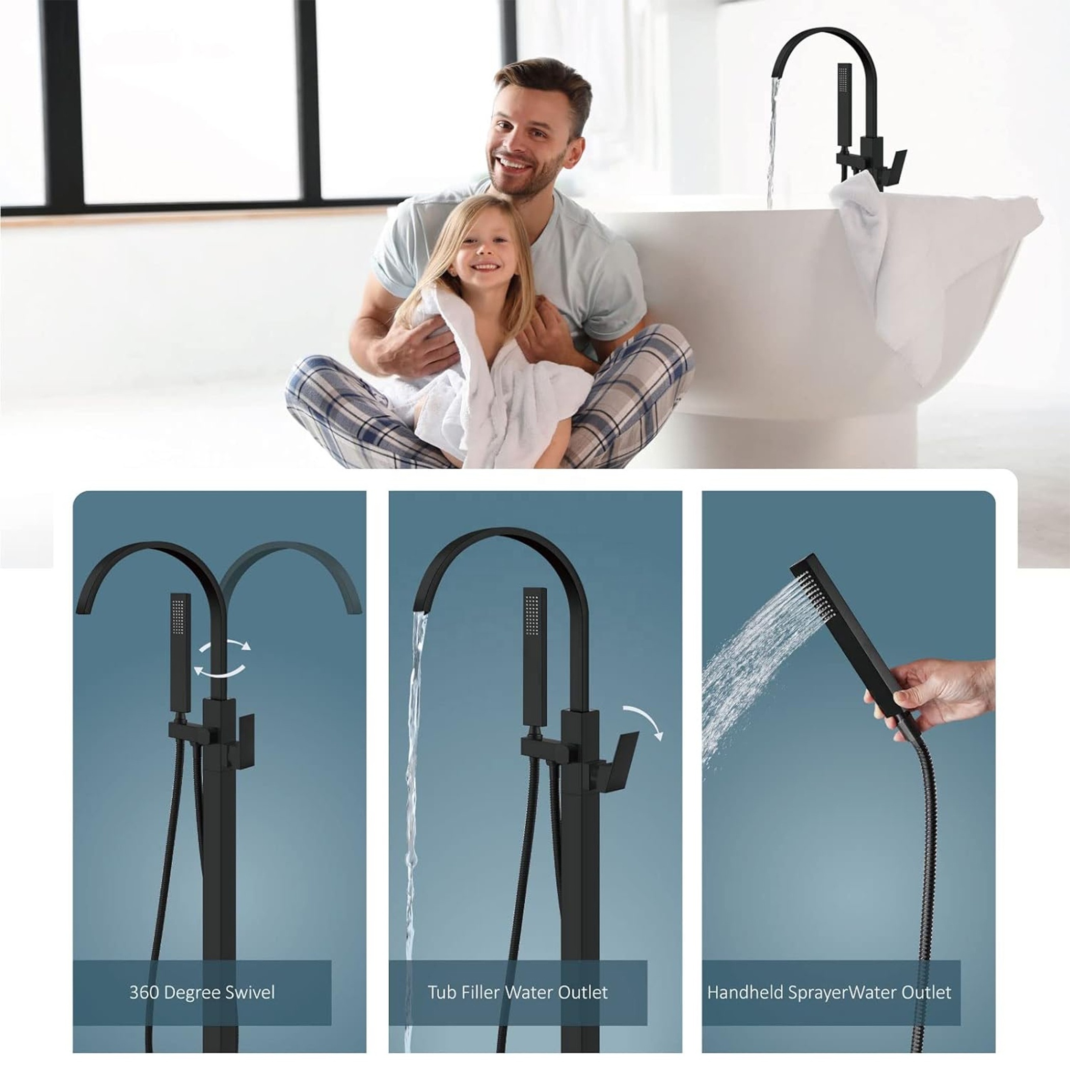 CYEN premium quality swivel spout floor mount matte black waterfall bathroom freestanding faucet bathtub faucet