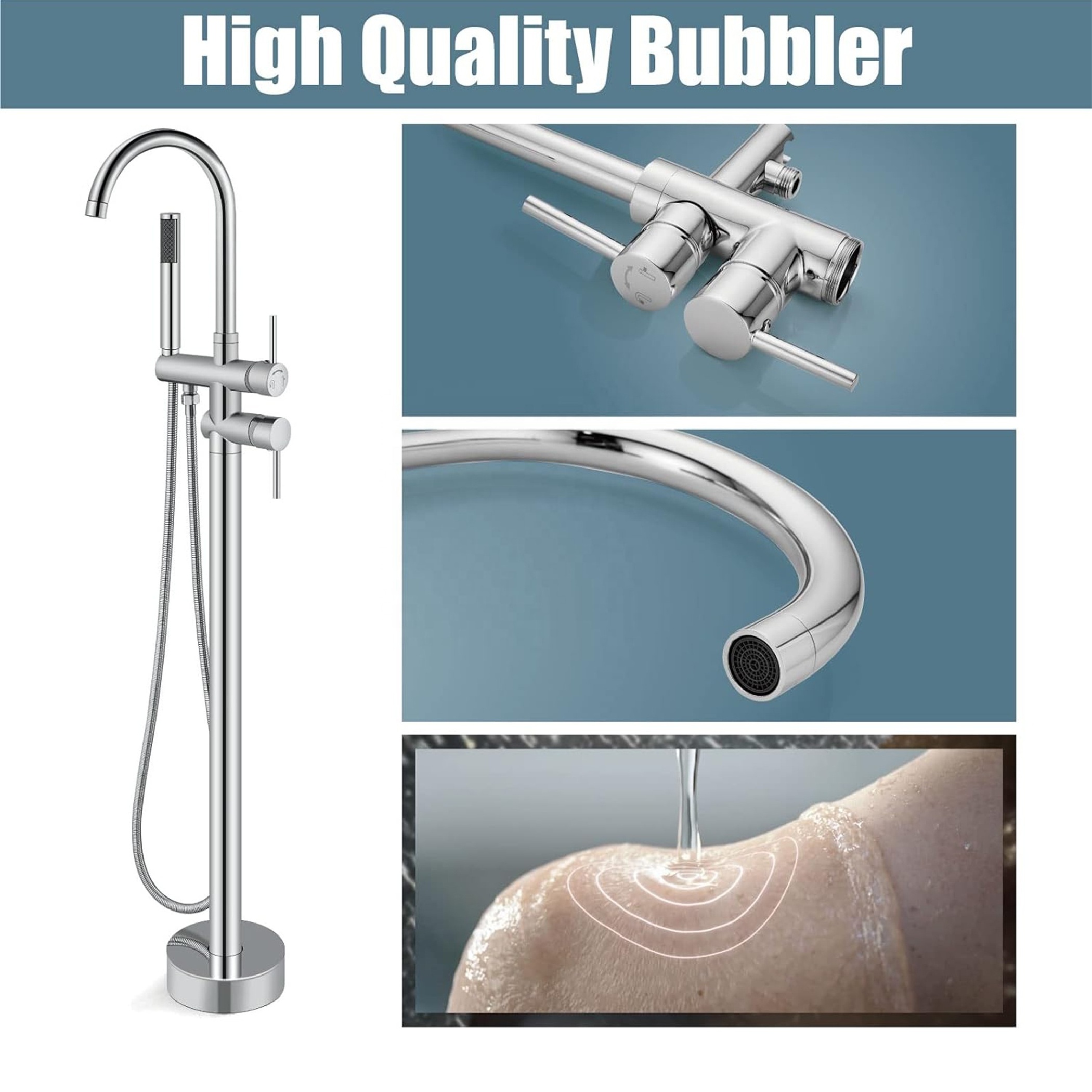 CYEN multifunctional high quality gooseneck swivel spout floor mount chrome bathroom freestanding bathtub faucet