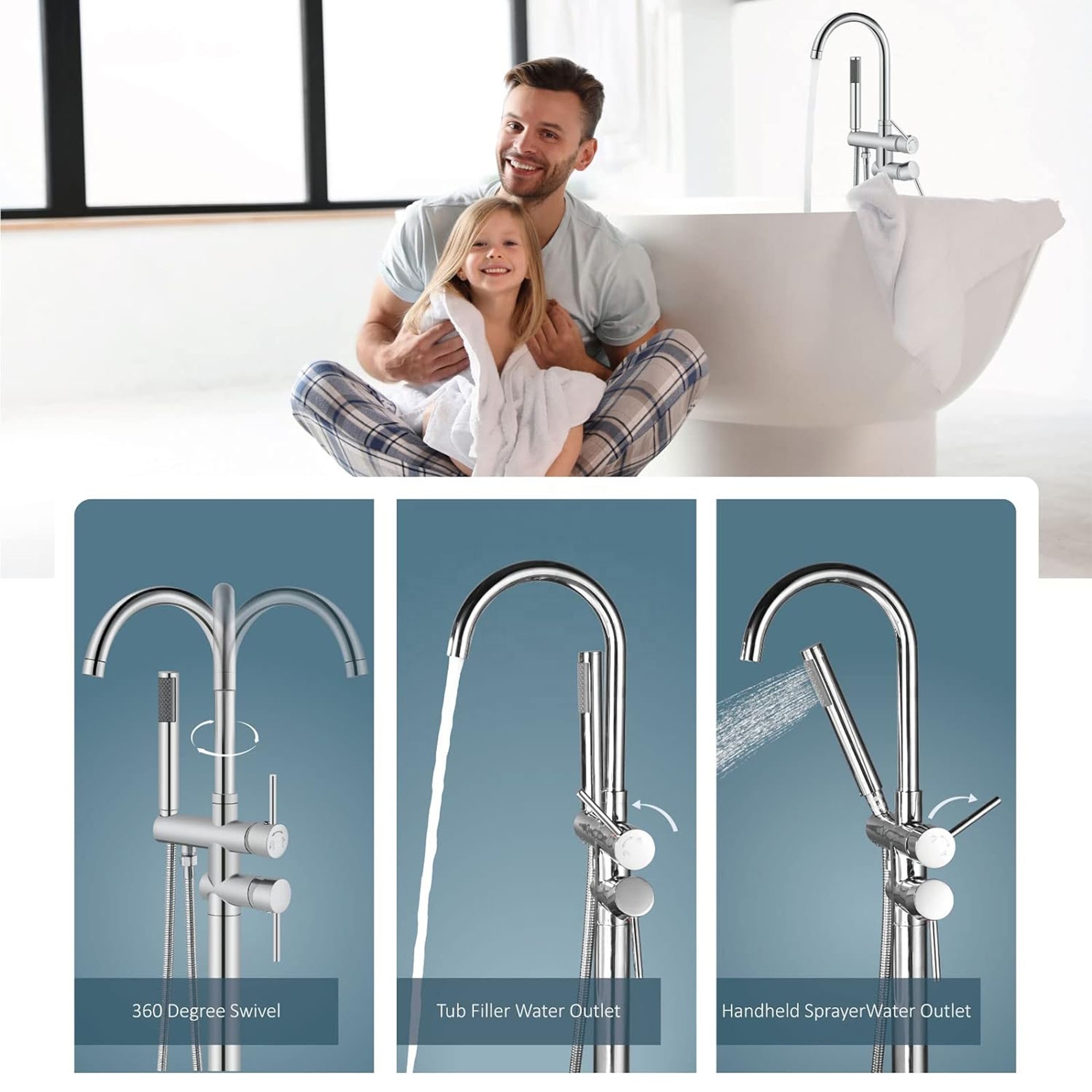 CYEN multifunctional high quality gooseneck swivel spout floor mount chrome bathroom freestanding bathtub faucet