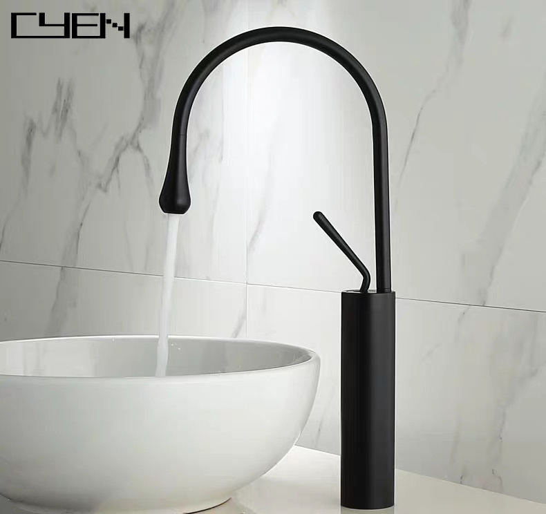 CYEN Shower Panel Tower System Basin Faucets Gold and Marble Brass Sink Faucet Swivel Bathroom Sink Water Crane in Matte Black