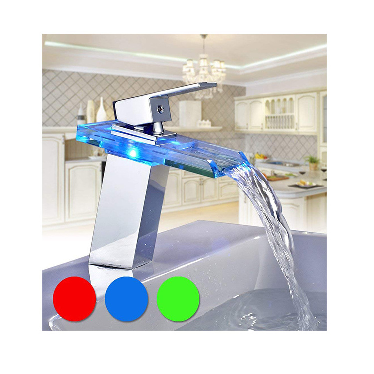 Modern Design Factory Price Glass Colorful LED Bathroom Wash Basin Waterfall Taps Bathroom Mixer Basin Tap