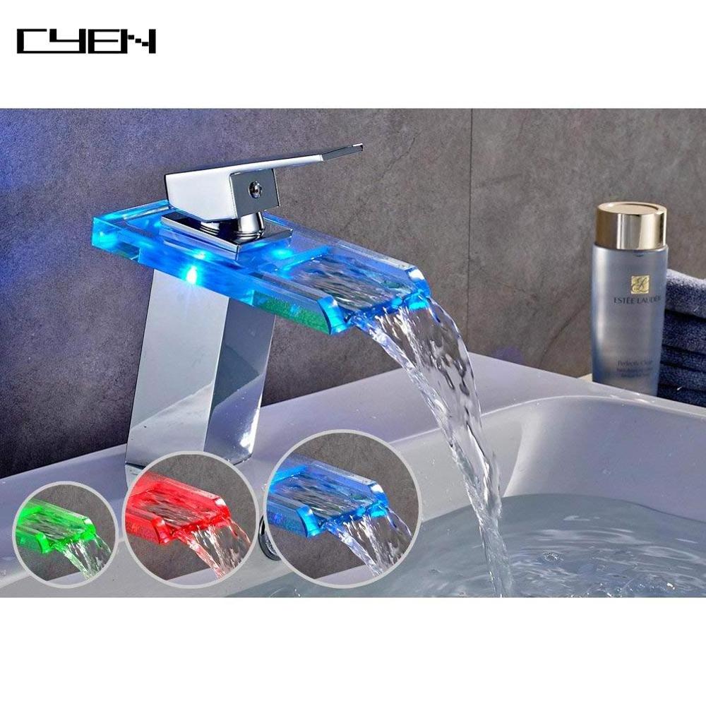 Modern Design Factory Price Glass Colorful LED Bathroom Wash Basin Waterfall Taps Bathroom Mixer Basin Tap