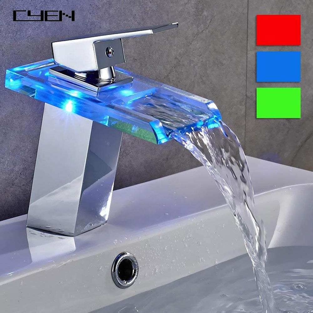 Modern Design Factory Price Glass Colorful LED Bathroom Wash Basin Waterfall Taps Bathroom Mixer Basin Tap