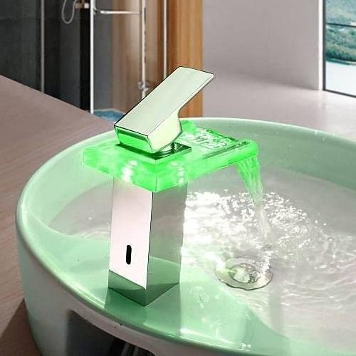 CYEN Temperature Change Colorful Waterfall Glass Bathroom Wash LED Basin Faucet