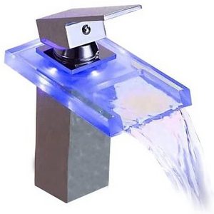 CYEN Temperature Change Colorful Waterfall Glass Bathroom Wash LED Basin Faucet