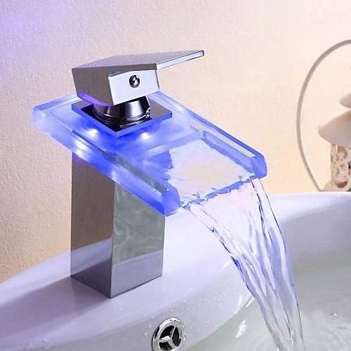 CYEN Temperature Change Colorful Waterfall Glass Bathroom Wash LED Basin Faucet