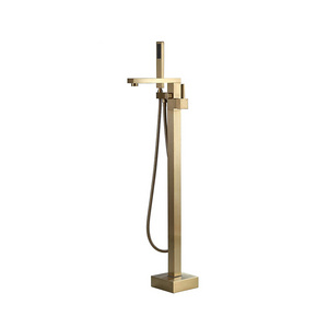 CYEN Lead Free Solid Brass Floor Mounted Single Handle Bath Filler Brushed Gold Freestanding Bathtub Faucet with Hand Shower