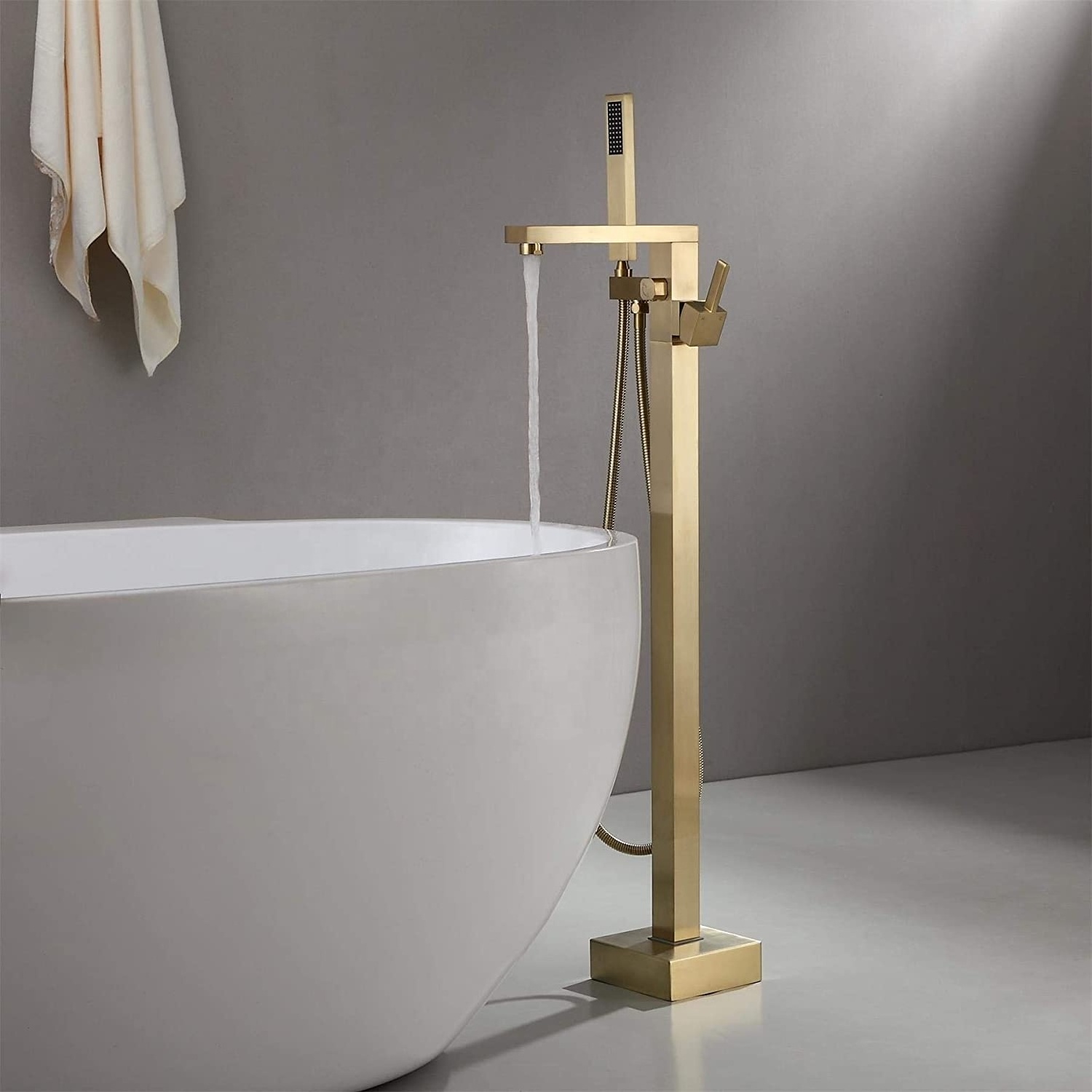 CYEN Lead Free Solid Brass Floor Mounted Single Handle Bath Filler Brushed Gold Freestanding Bathtub Faucet with Hand Shower