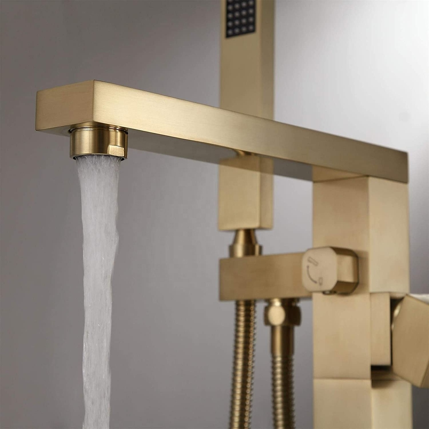 CYEN Lead Free Solid Brass Floor Mounted Single Handle Bath Filler Brushed Gold Freestanding Bathtub Faucet with Hand Shower