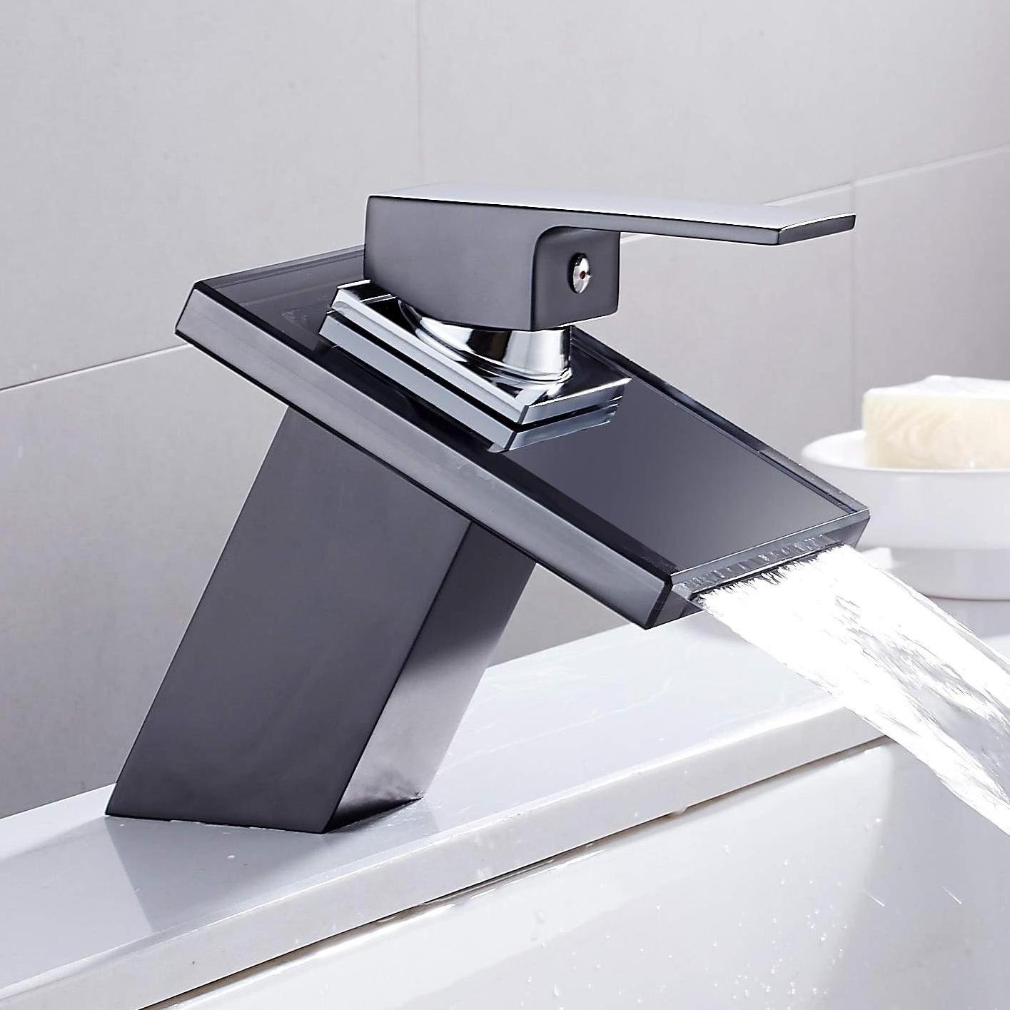 Factory Price Black Deck Mount Square Vanity Sink Mixer Tap Glass Waterfall Basin Faucet rubinetto a cascata Bathroom Faucet