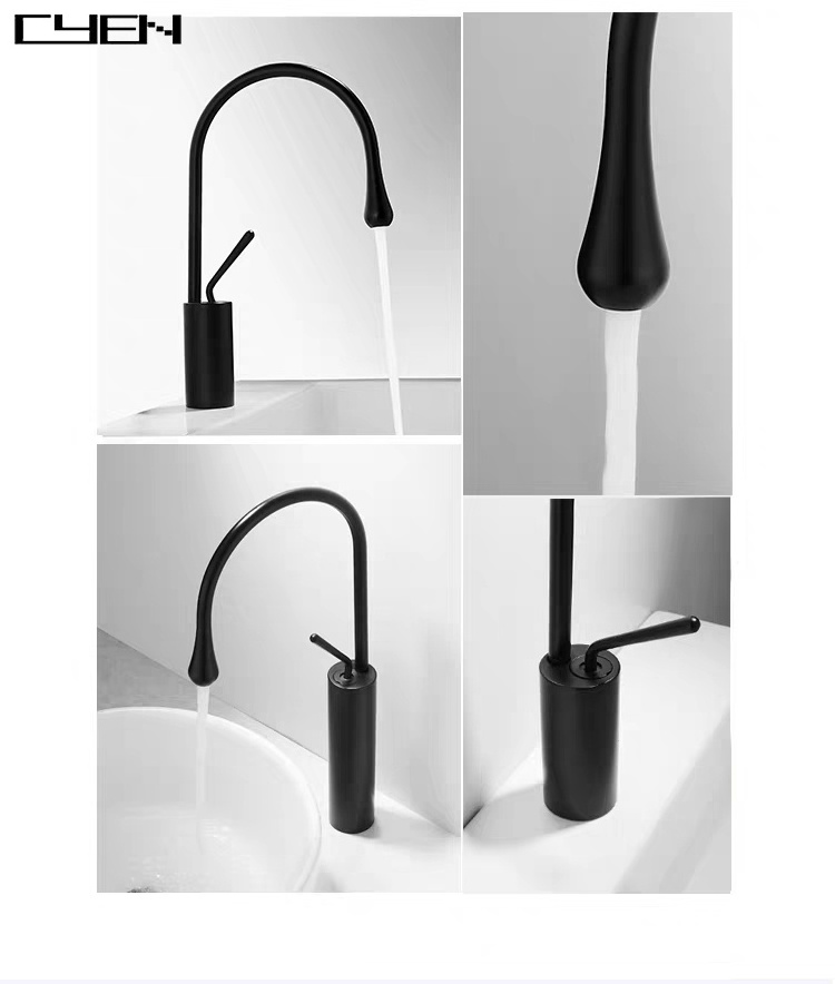 CYEN Shower Panel Tower System Basin Faucets Gold and Marble Brass Sink Faucet Swivel Bathroom Sink Water Crane in Matte Black