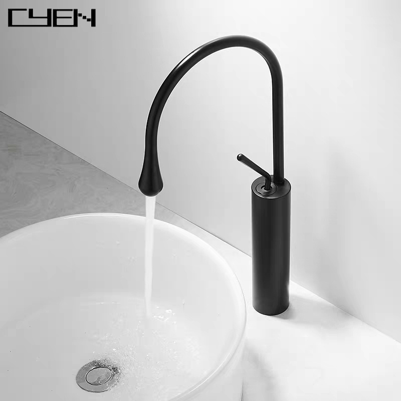 CYEN Shower Panel Tower System Basin Faucets Gold and Marble Brass Sink Faucet Swivel Bathroom Sink Water Crane in Matte Black