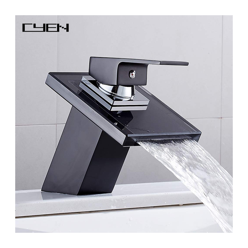 Factory Price Black Deck Mount Square Vanity Sink Mixer Tap Glass Waterfall Basin Faucet rubinetto a cascata Bathroom Faucet