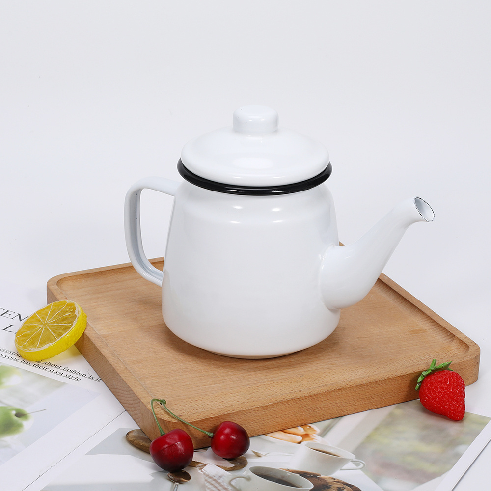 Factory Direct Sales Minimalist Style 0.9L Enamel Teapot White Enamel Kettle for Tea