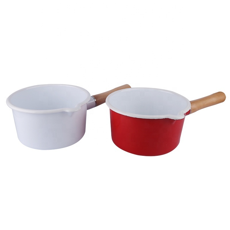 Good sale milk pan set enamel milk heating pot with single wooden handle