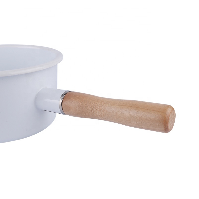 Good sale milk pan set enamel milk heating pot with single wooden handle