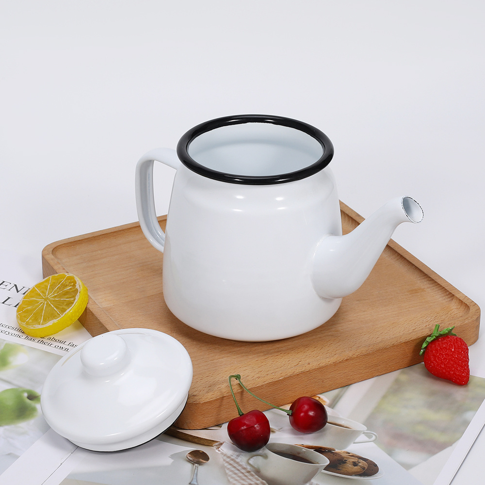 Factory Direct Sales Minimalist Style 0.9L Enamel Teapot White Enamel Kettle for Tea