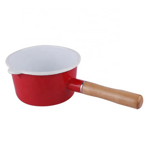 Good sale milk pan set enamel milk heating pot with single wooden handle