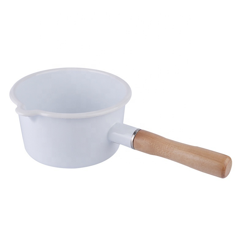 Good sale milk pan set enamel milk heating pot with single wooden handle