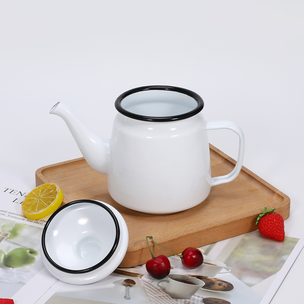 Factory Direct Sales Minimalist Style 0.9L Enamel Teapot White Enamel Kettle for Tea