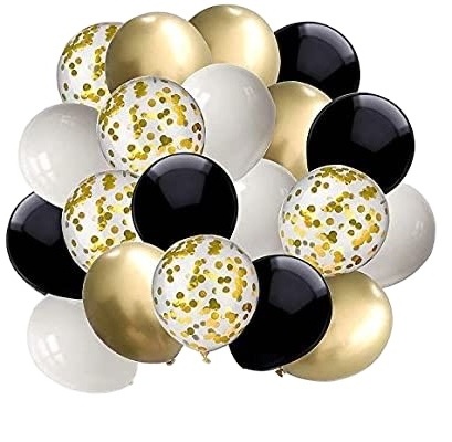 12 inch Black and Gold Confetti Balloons White Latex Party Balloon Set with Gold Ribbon for Graduation Wedding Birthday Party