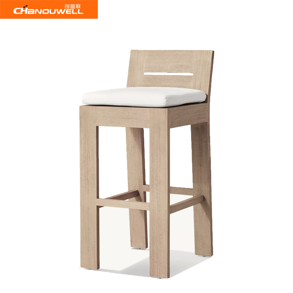 Leisure Simple Style Teak Wood Chair Outdoor Garden Patio Hotel Bar Stool With High Density Sponge Cushion