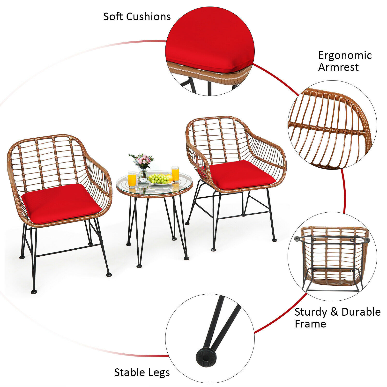 3PCS Patio Rattan Bistro Set Table Armchair Outdoor  Furniture Set  Outdoor Wicker  Conversation Set