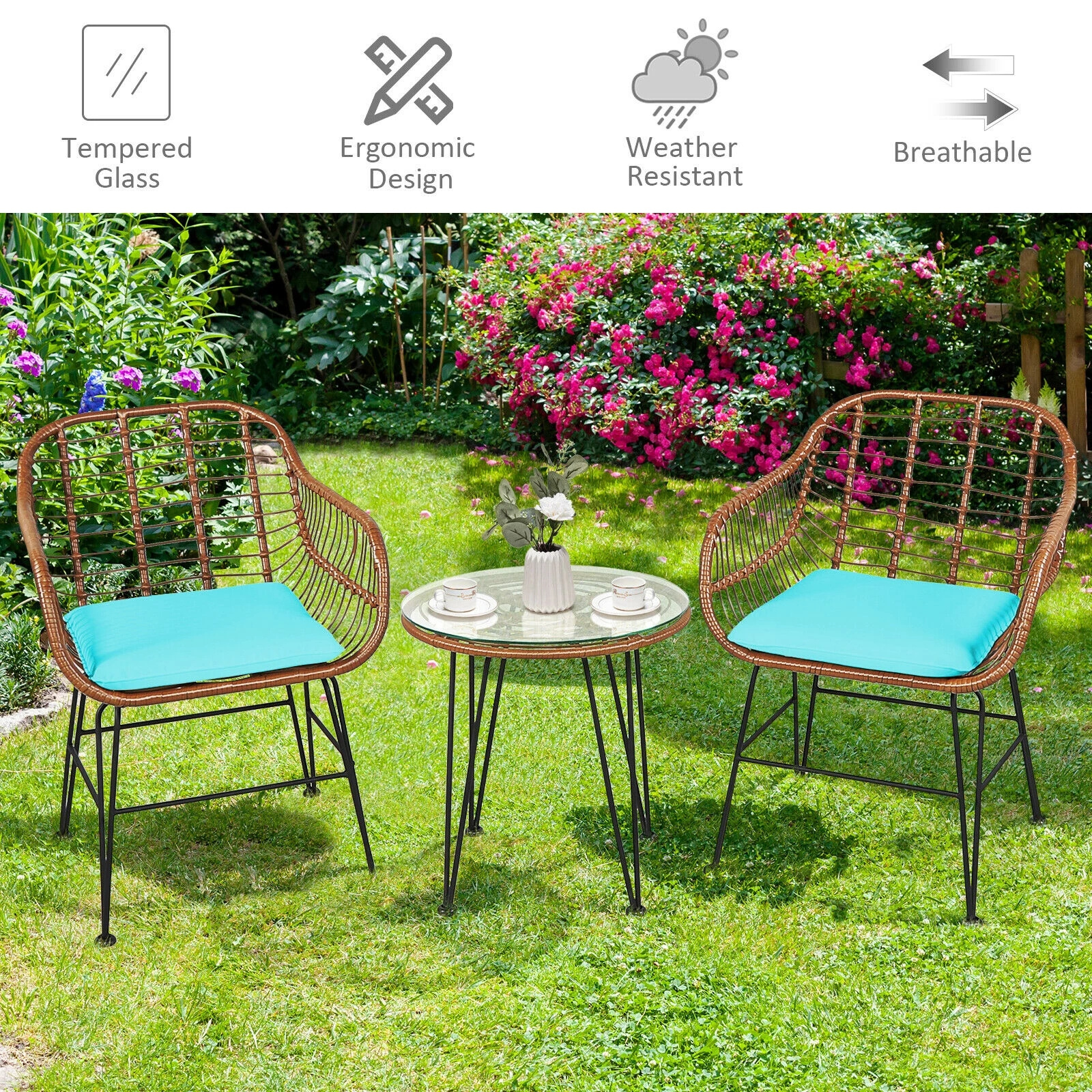 3PCS Patio Rattan Bistro Set Table Armchair Outdoor  Furniture Set  Outdoor Wicker  Conversation Set