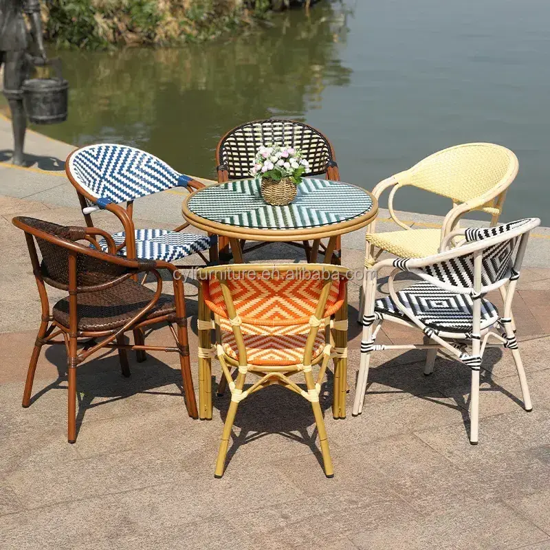 Rattan Outdoor Restaurant Garden Parisian Bistro Dining Stackable Chairs French Style Rattan Bistro Table And Chair Outdoor