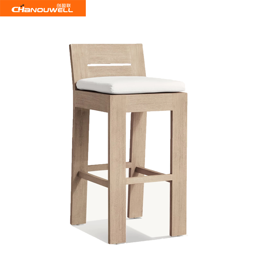 Leisure Simple Style Teak Wood Chair Outdoor Garden Patio Hotel Bar Stool With High Density Sponge Cushion