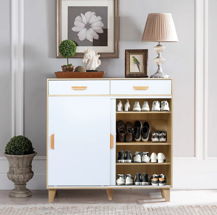 Shoe Storage Cabinet with Sliding Door Two Door and Two Drawers Shoe Cabinet Space Saving Shoe Rack Living Room Furniture