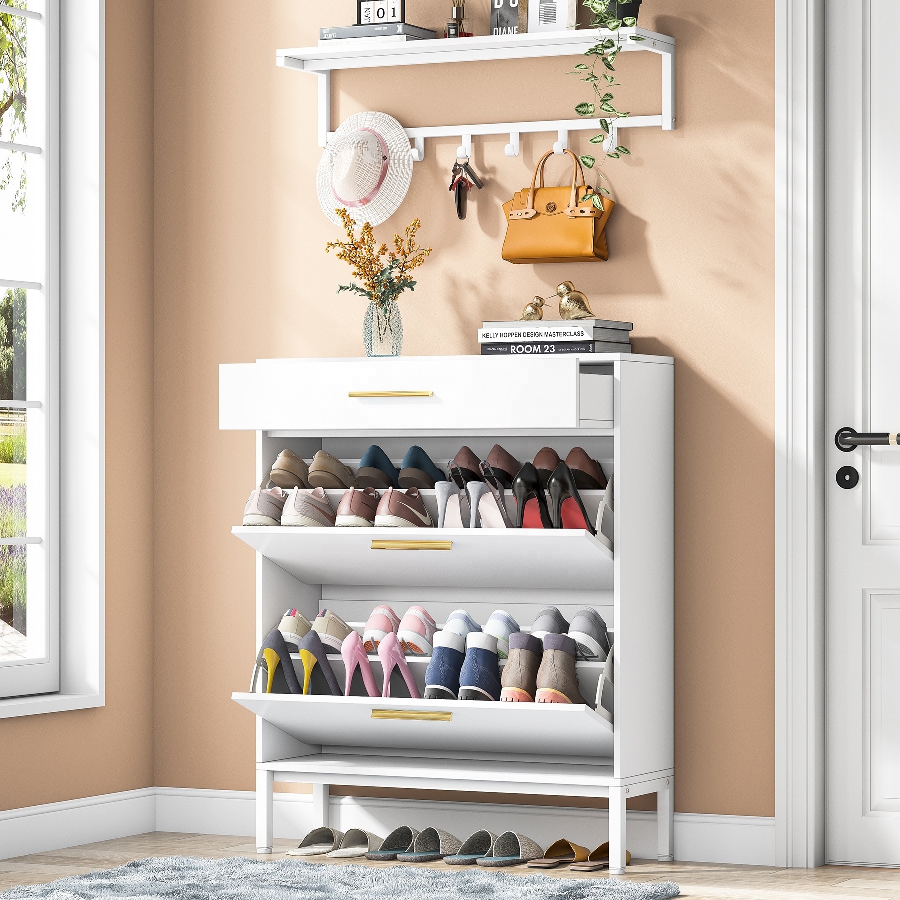 Tribesigns Shoe Cabinet Thin Tipping Sneaker Holder Stand Slim Shoe Rack Organizer with Flip Drawers for Entryway Hallway Garage