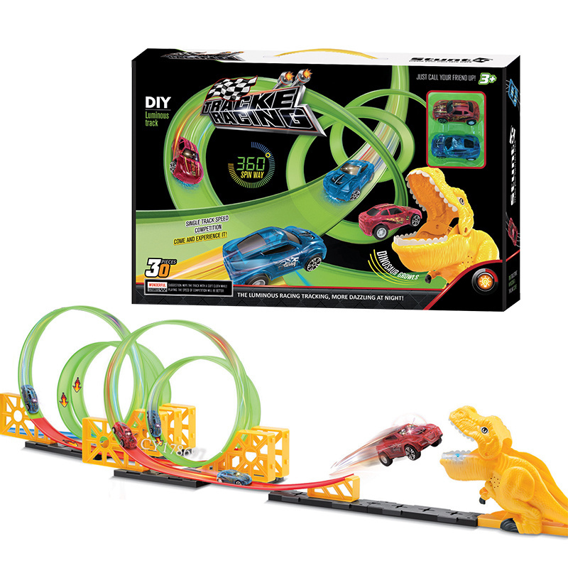 30 Pieces 360 Degrees Loop Luminous Track High Speed Race Car Toys Pull Back Race Car Track Set With Dinosaur Slide For Boys