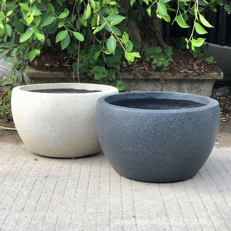 Lightweight Concrete Outdoor Round Bowl Planter, Outdoor Indoor Large Planters Pots With Drainage Hole For Garden Patio Balcony/